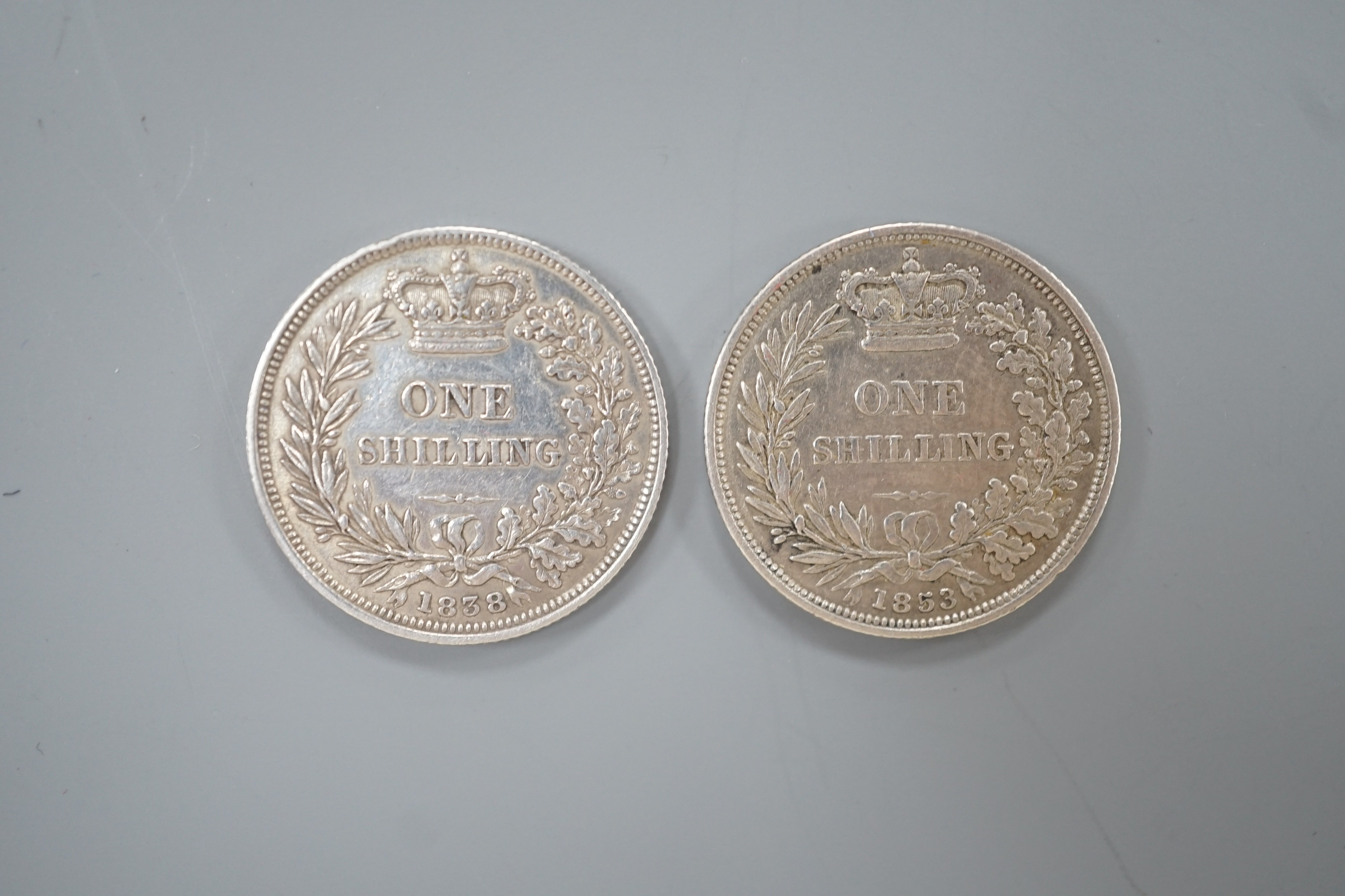 Two Victoria silver shillings 1838, GVF and 1853, VF